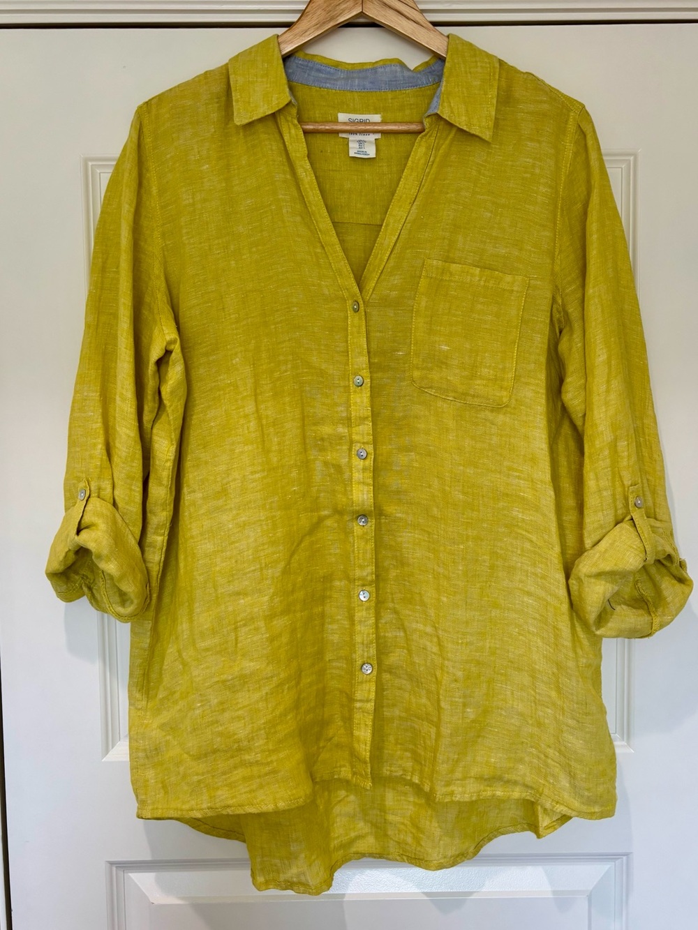 Sigrid Olsen L 100% Linen Yellow Mini Button Shirt Dress Cottagecore Coastal - Picture 2 of 8